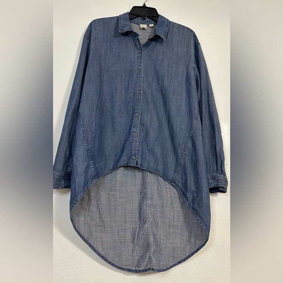 Eileen Fisher Blue Chambray Denim Asymmetrical Long Sleeve Shirt - Picture 3 of 14